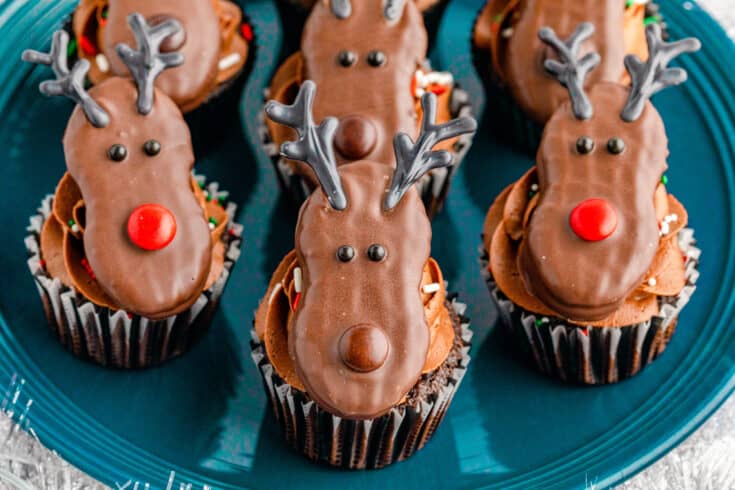 Close Up Shot of Reindeer Topped Cupcakes