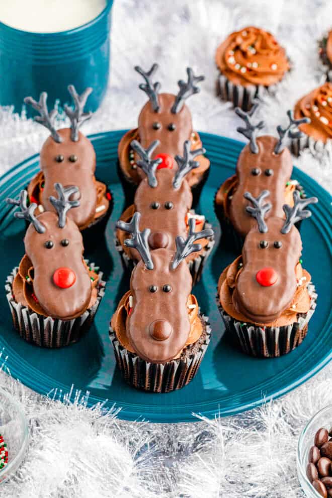 Best Chocolate Reindeer Cupcakes on a blue serving plate