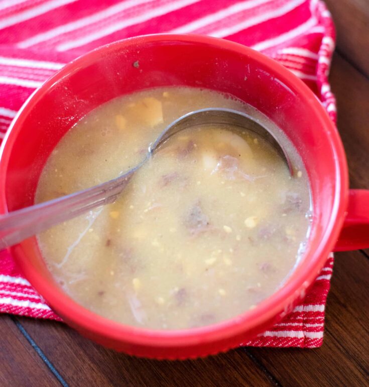 close up photo of giblet gravy in a red bowl with a gravy ladle