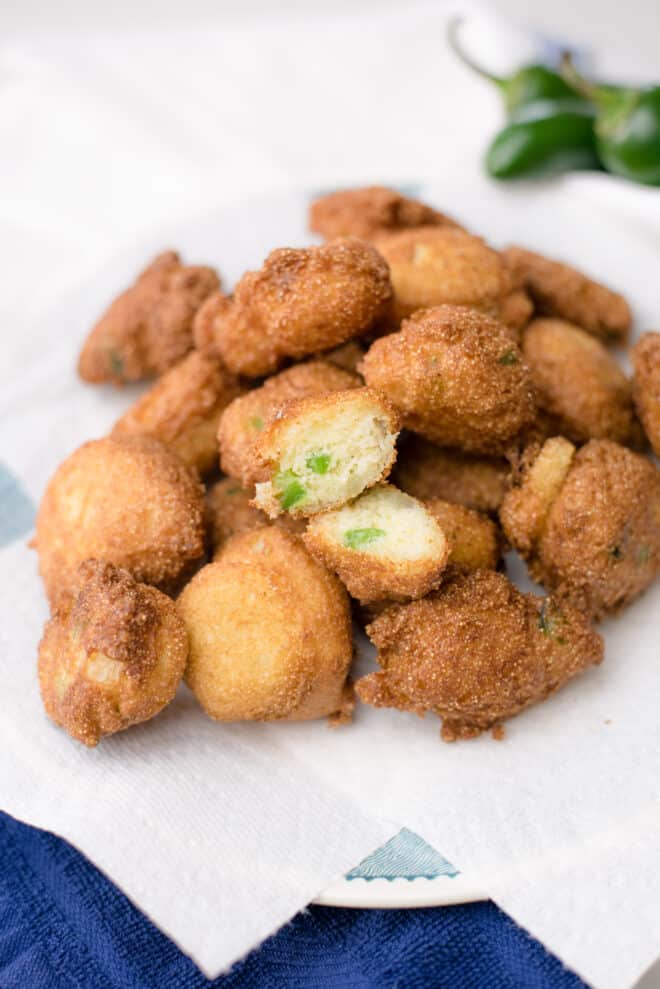 paper lined serving tray filled with hushpuppies