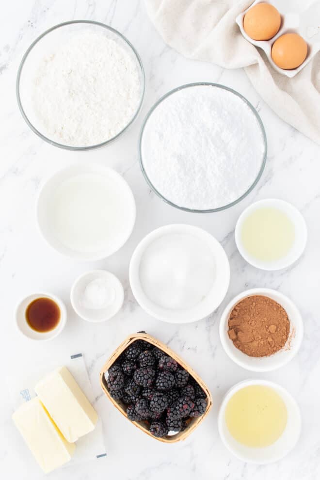 Ingredients for chocolate blackberry cupcakes