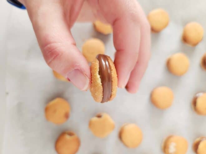 Close up of nilla wafers with melted Rolo candies 