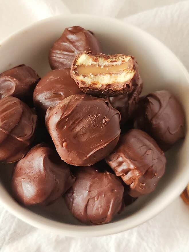 Twix Candy Bar Bites in a white bowl