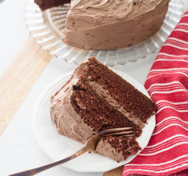 A slice of Coca-Cola Cake with Chocolate Frosting