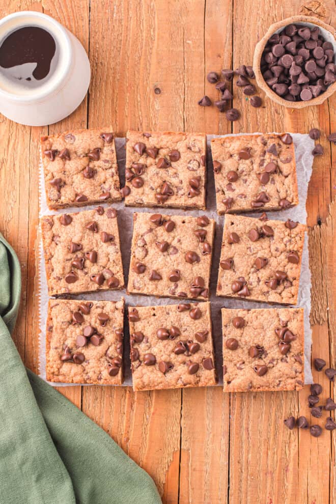 brown butter chocolate chip cookie bars cut into 9 squares