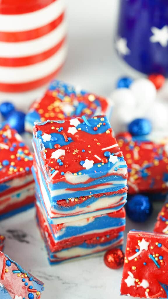 Patriotic Red, White and Blue Fudge stacked up like a tower of fudge