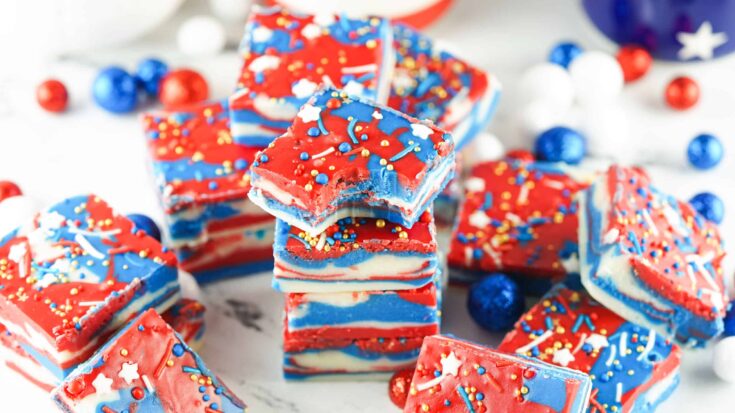 Red White and Blue Fudge cut into serving sizes and stacked on top of each other