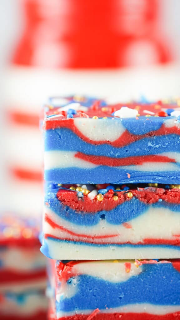 side view of red white and blue fudge