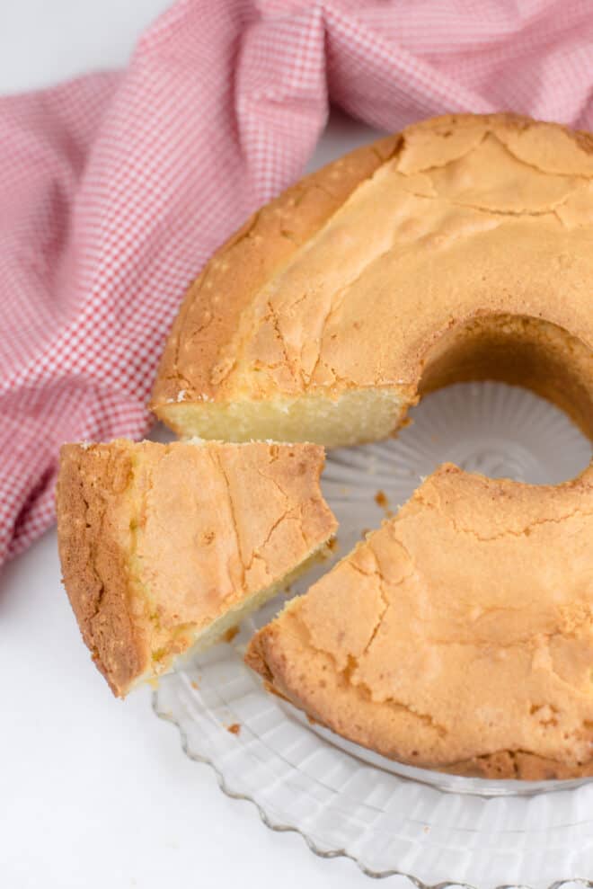 Old Fashioned Whipping Cream Pound Cake with one slice being removed