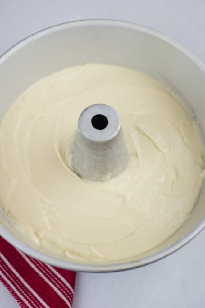 pound cake batter in tube pan ready to bake