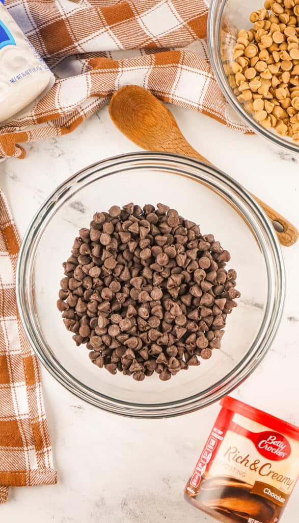 chocolate chips in a glass bowl