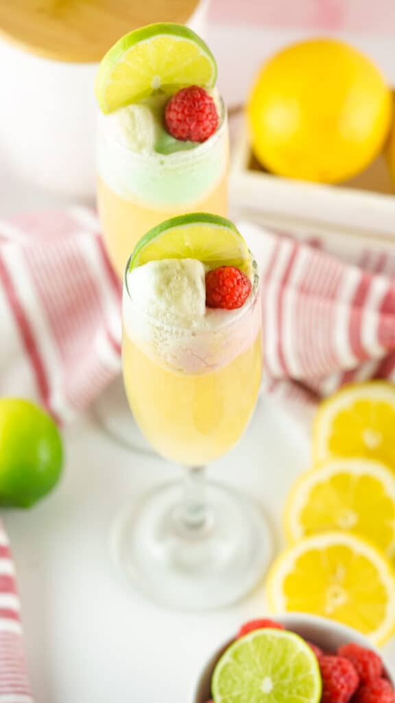 Sparkling Cider Float topped with sherbet and garnished with lemon and lime slices and raspberries. 