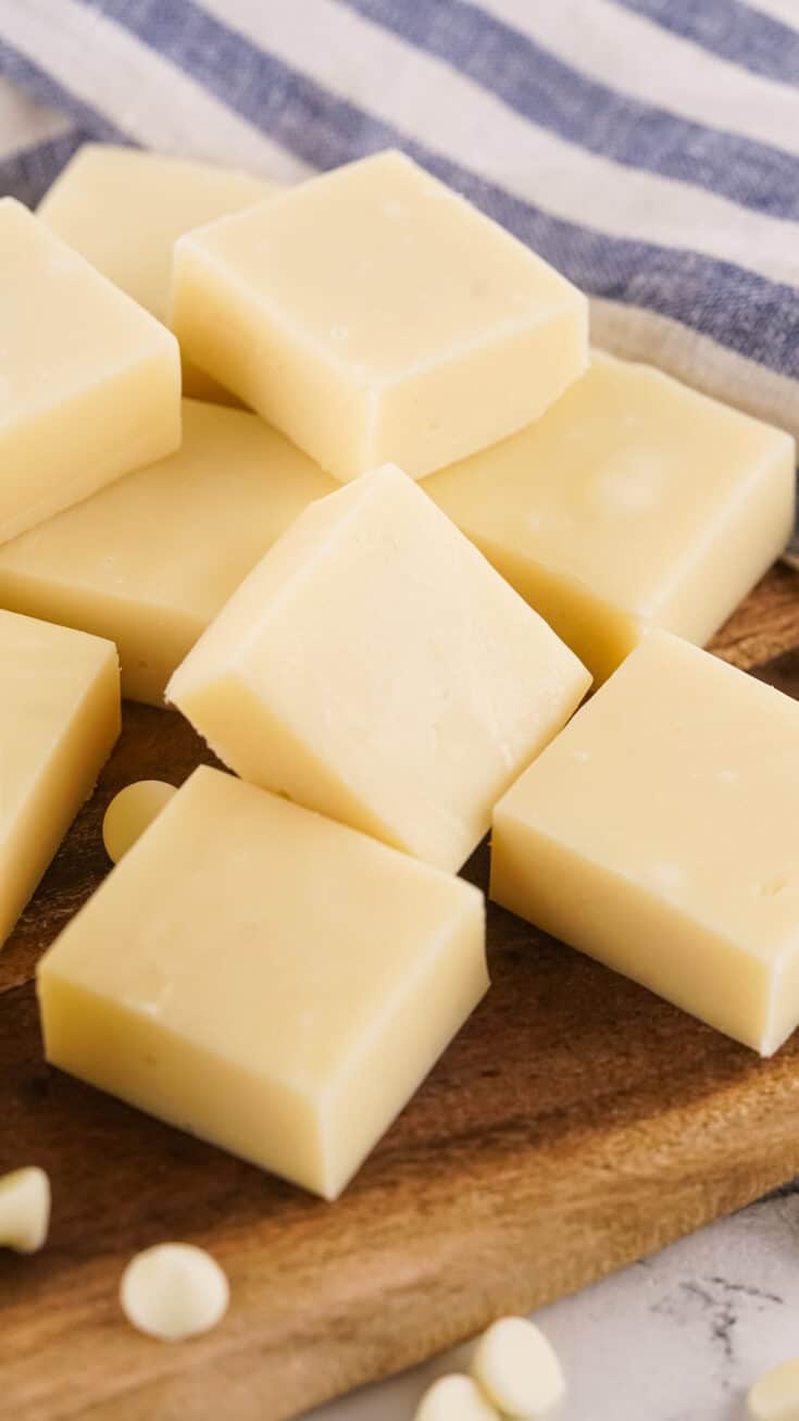 close up photos of squares of vanilla fudge on cutting board