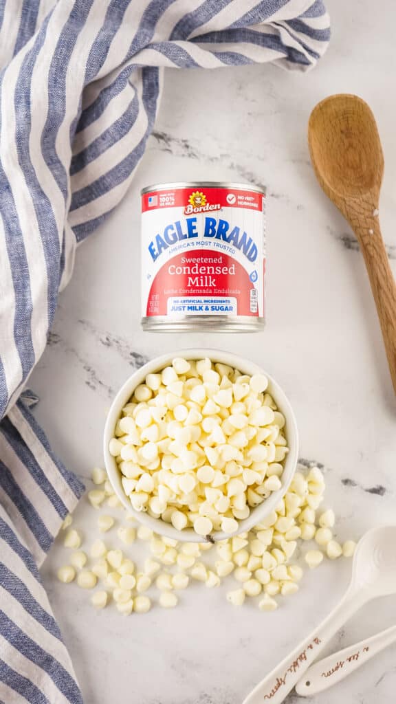 Ingredients to Make Vanilla Fudge - sweetened condensed milk and white chocolate chips