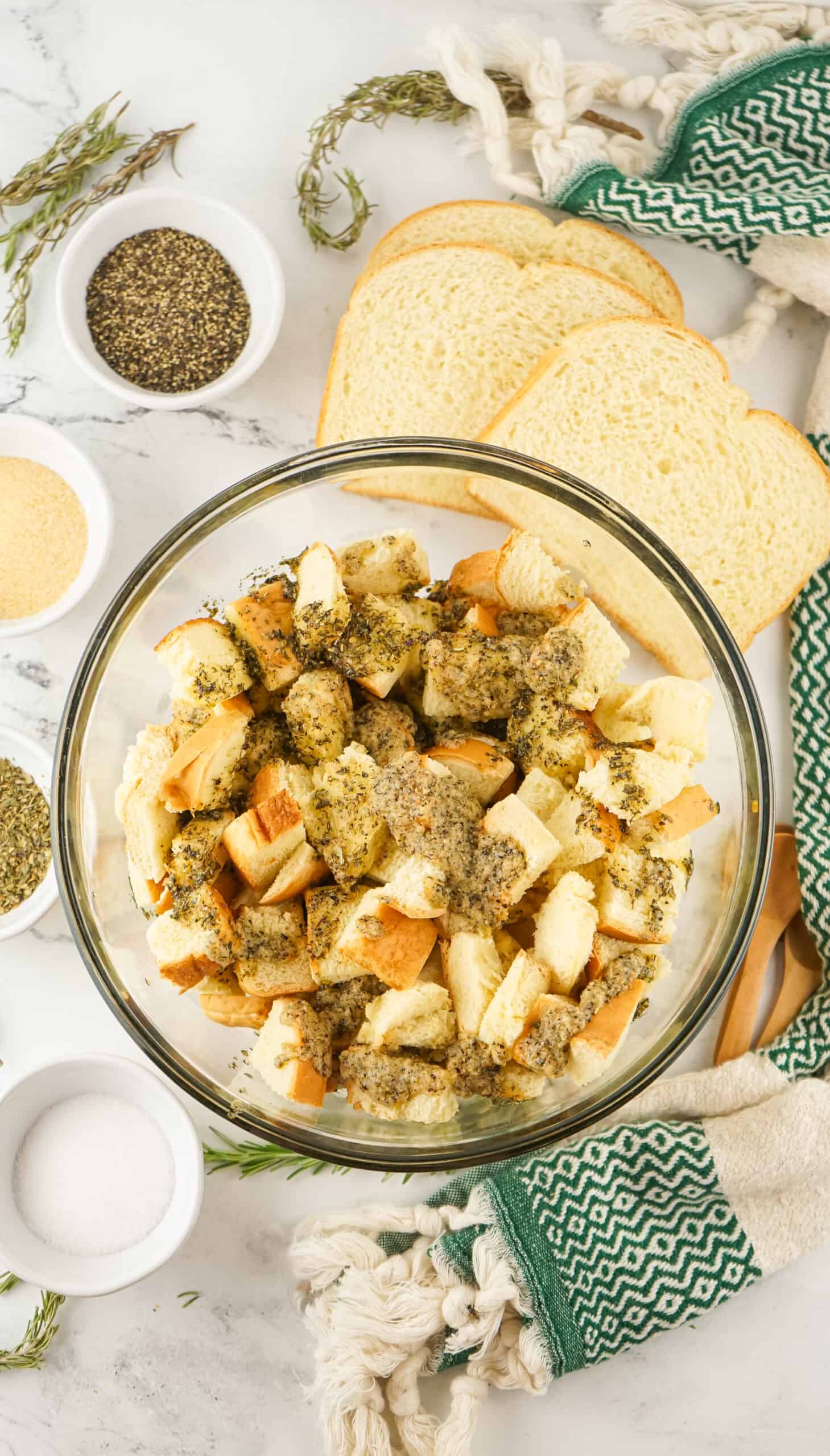 Italian seasonings mixed with bread cubes