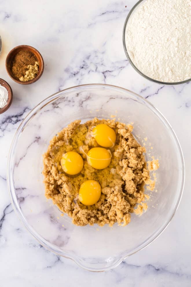 eggs added to creamed butter and sugar in mixing bowl