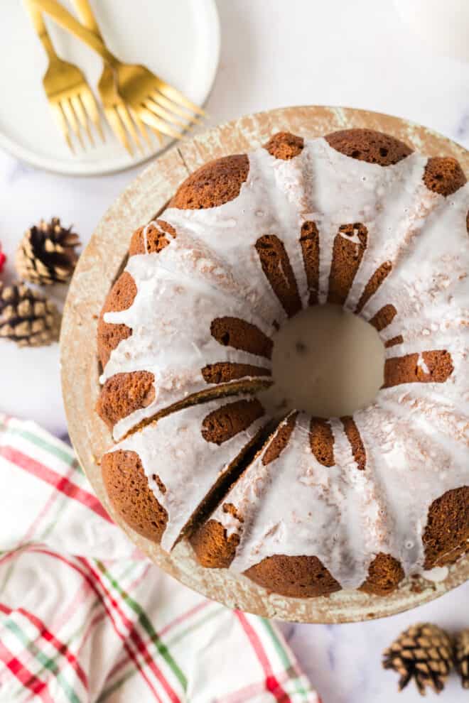 overhead shot of Sour Cream Gingerbread Bundt Cake