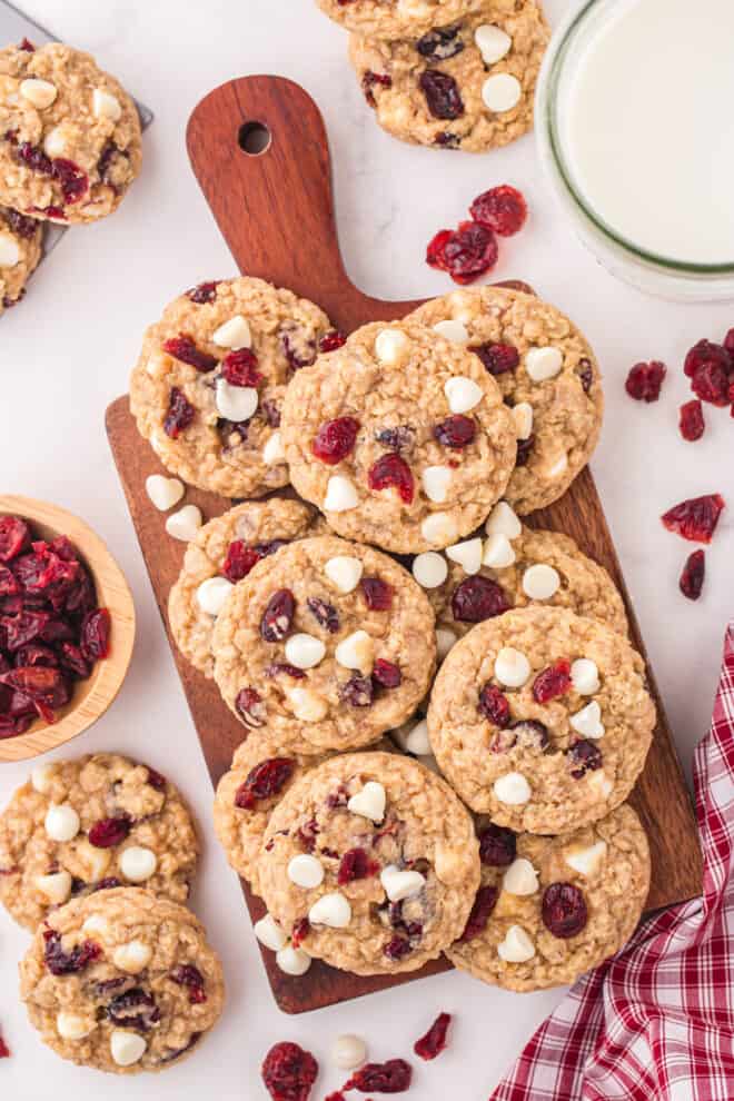 Oatmeal Cranberry Cookies on a wooden cutting board