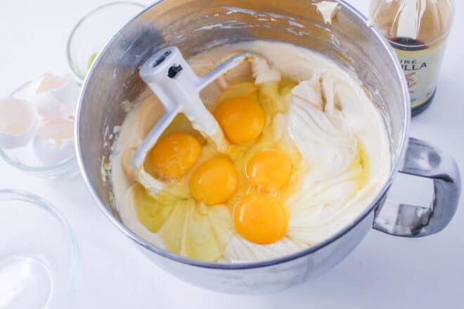 Eggs and cream cheese mixture in mixing bowl