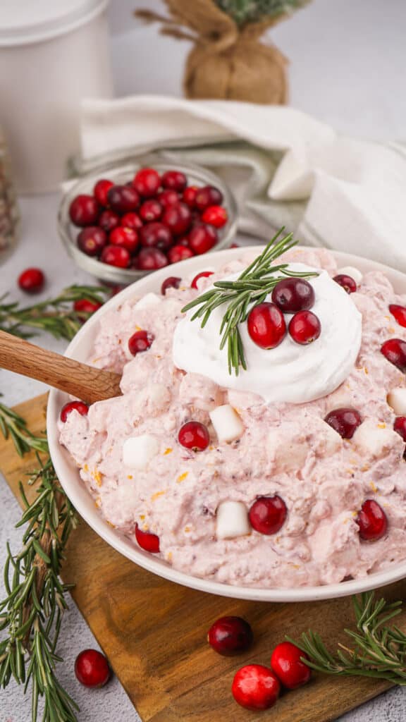 closeup photo of festive cranberry fluff in a bowl with a spoon and a bowl of cranberries in the background