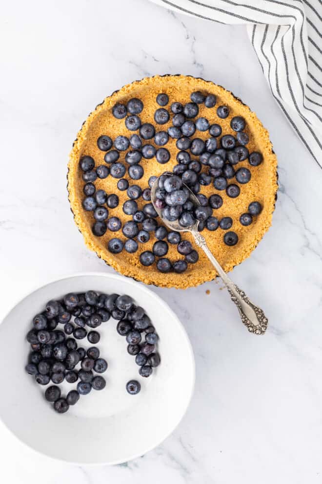  blueberries in a single layer in graham cracker crust