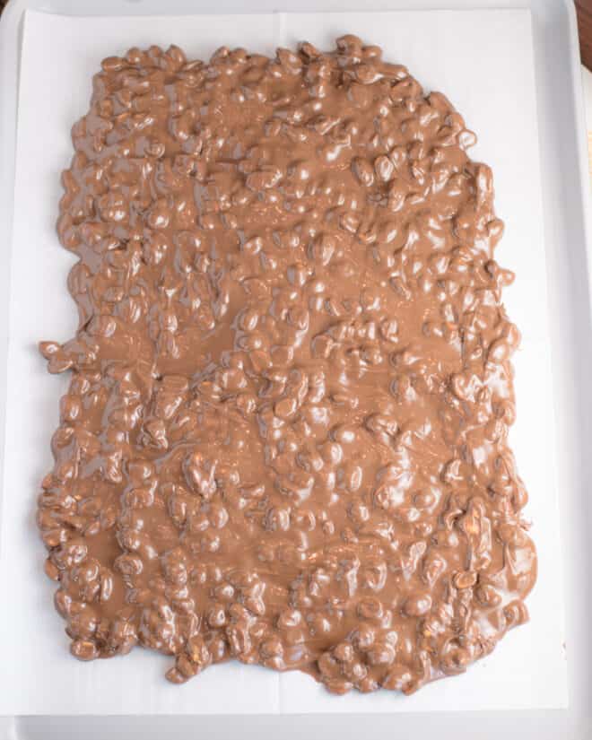 Spread chocolate peanut mixture on parchment paper in baking pan