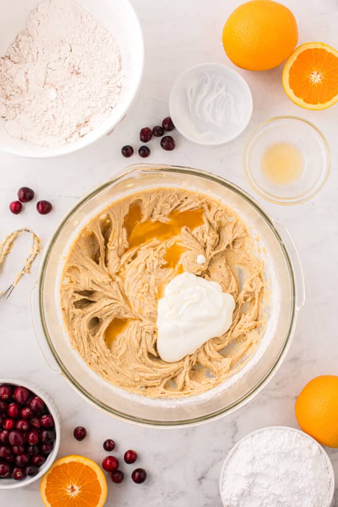 Greek yogurt added to orange cranberry cake batter 