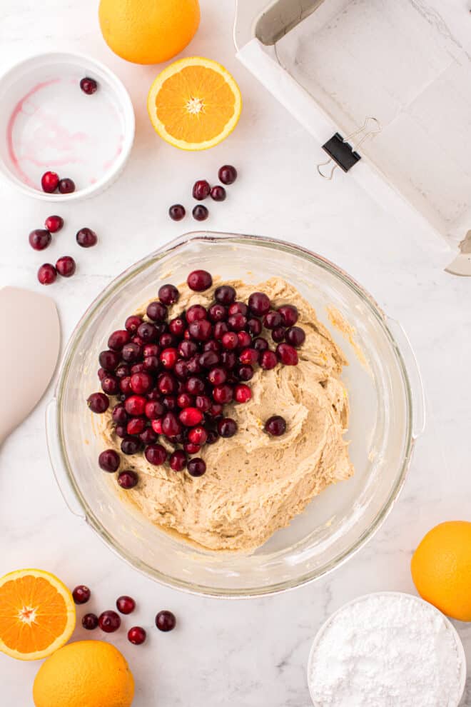 fresh cranberries folded into orange cranberry cake batter