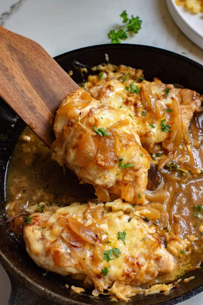 French Onion Chicken Bake in a cast iron skillet