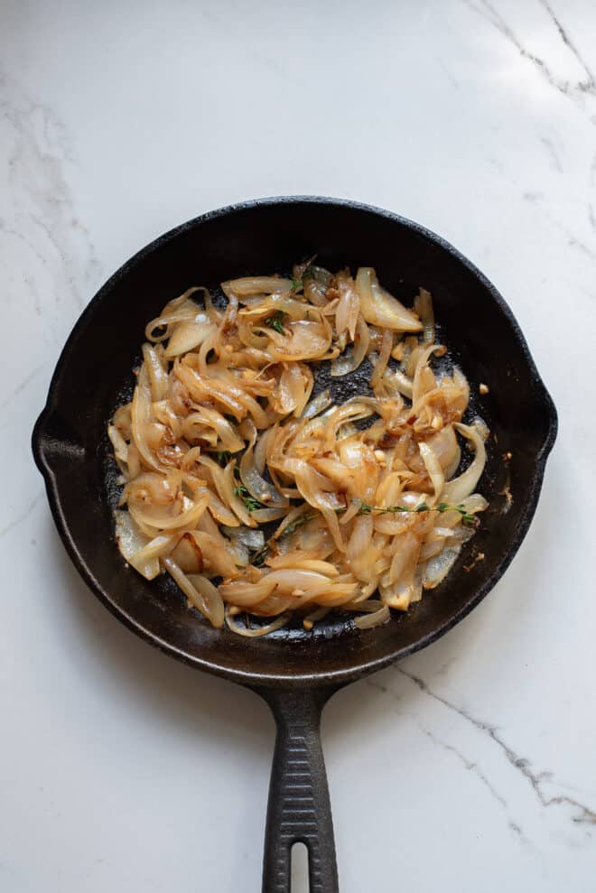 caramelized onions in cast iron skillet