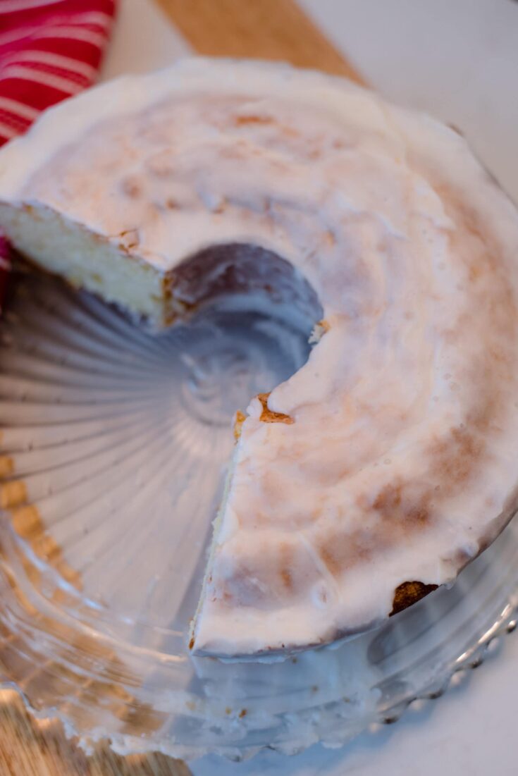 Pineapple Pound Cake with several slices missing