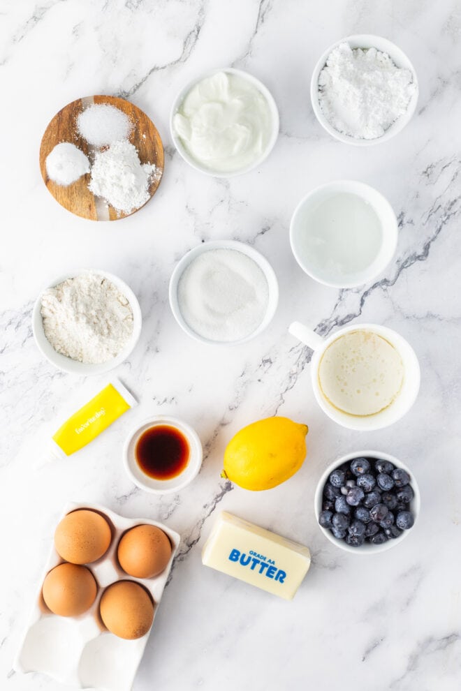 Ingredients needed to make a lemon blueberry bundt cake