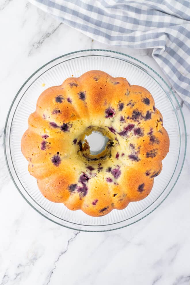 Lemon Blueberry Cake in bundt pan after baking and before cooling on wire rack