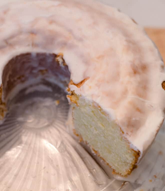 closeup photo of a pineapple pound cake with pineapple glaze