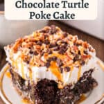 A serving of Chocolate Turtle Poke Cake topped with caramel and pecans on a dessert plate
