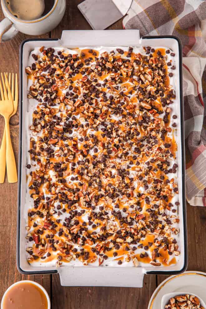 13x9 Chocolate Turtle Poke Cake ready to serve