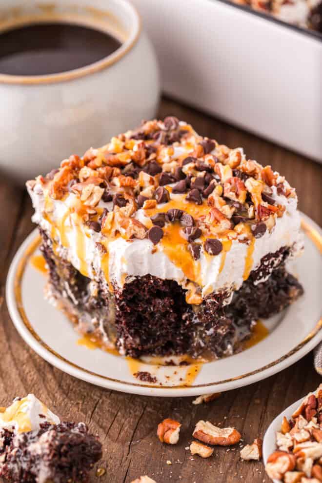 serving of Chocolate Turtle Cake topped with pecans and a drizzle of caramel sauce