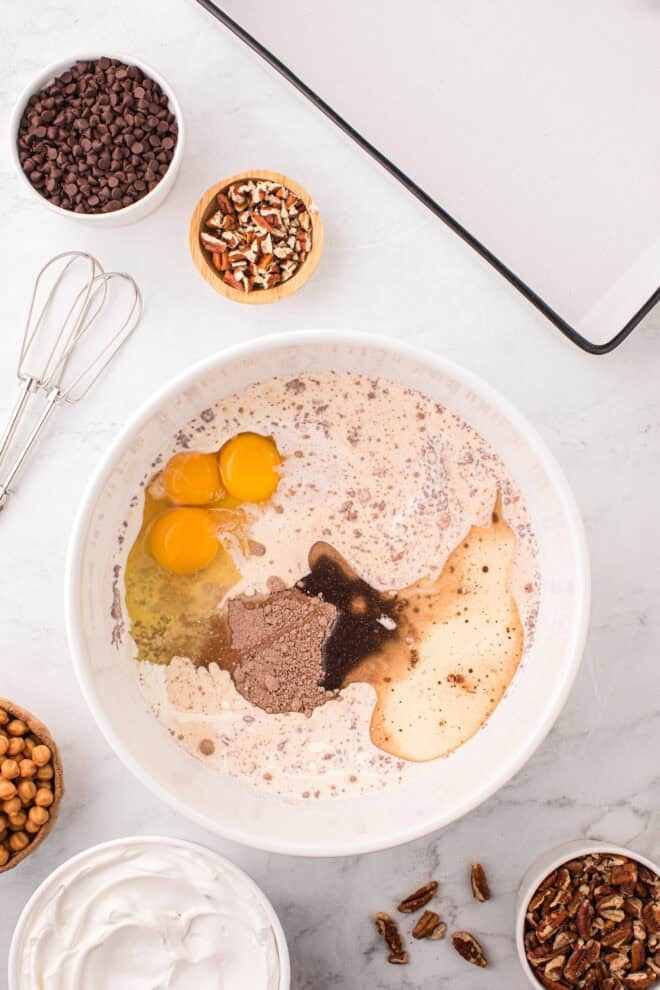 cake mix and other ingredients in a large mixing bowl