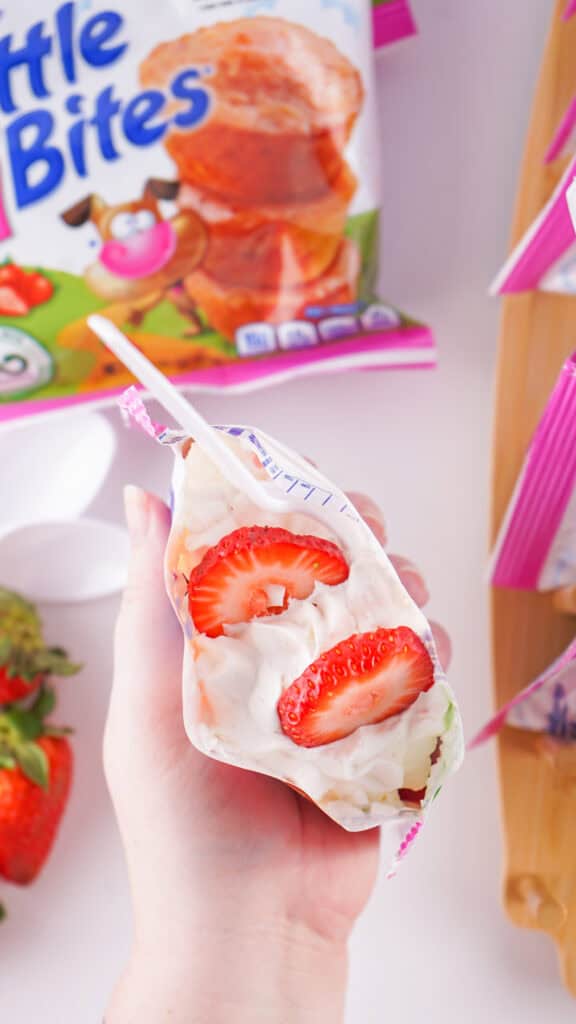 Walking Strawberry Shortcake Bags with mini strawberry muffins, strawberry pie filling and whipped cream