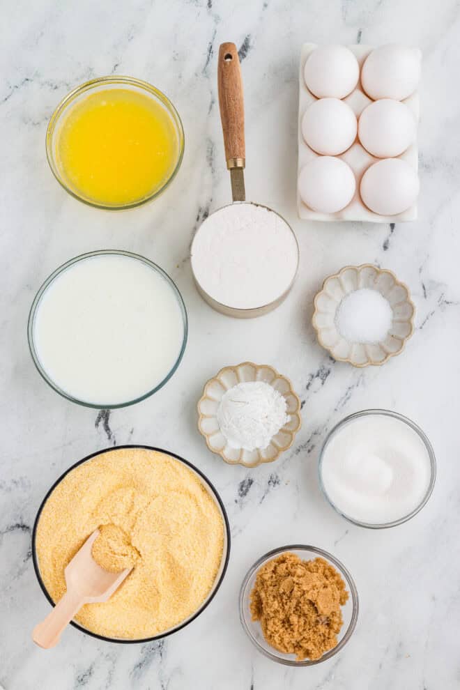 Ingredients to make air fryer cornbread including buttermilk and eggs