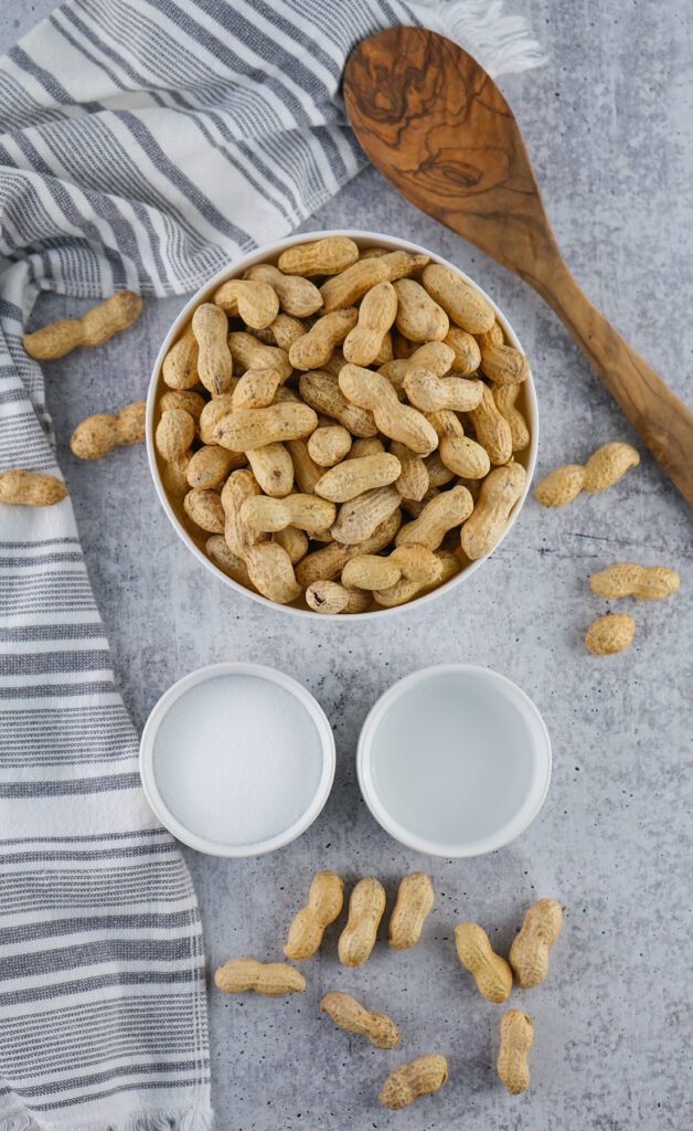 Simple ingredients for making boiled peanuts - water, salt and raw peanuts in the shell