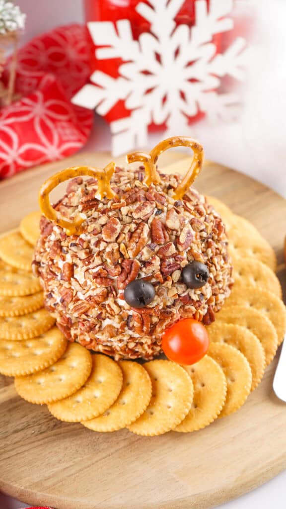 Serving a Rudolph Cheeseball with crackers