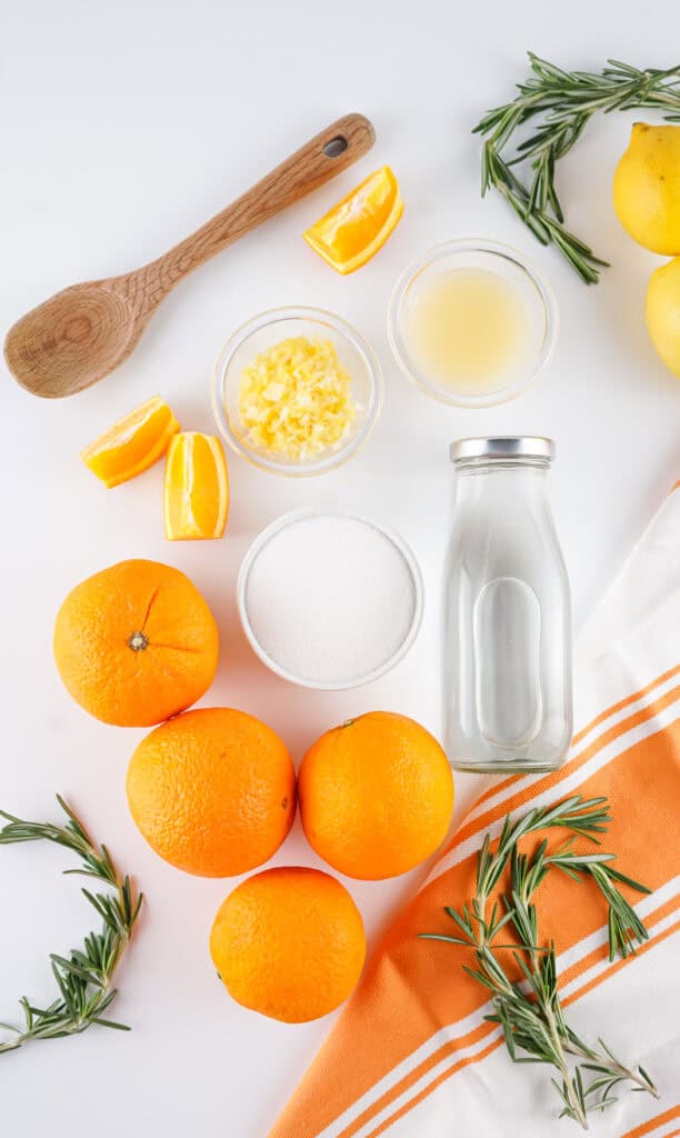 Ingredients needed to make Orange Marmalade - Oranges, sugar, water, lemon juice and zest