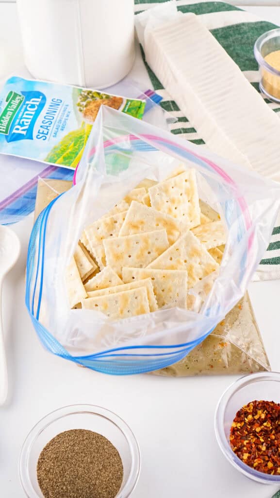 Saltine crackers added to a ZipLoc Bag with spices and oil - ready to close and mix.
