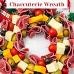 Easy Christmas Charcuterie Wreath on White Serving Plate with text overlap for Pinterest