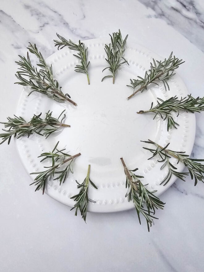Rosemary Sprigs arranged on the edge of a serving plate