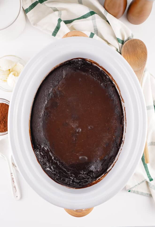 Chocolate Cobbler in slow cooker after cooking and before serving