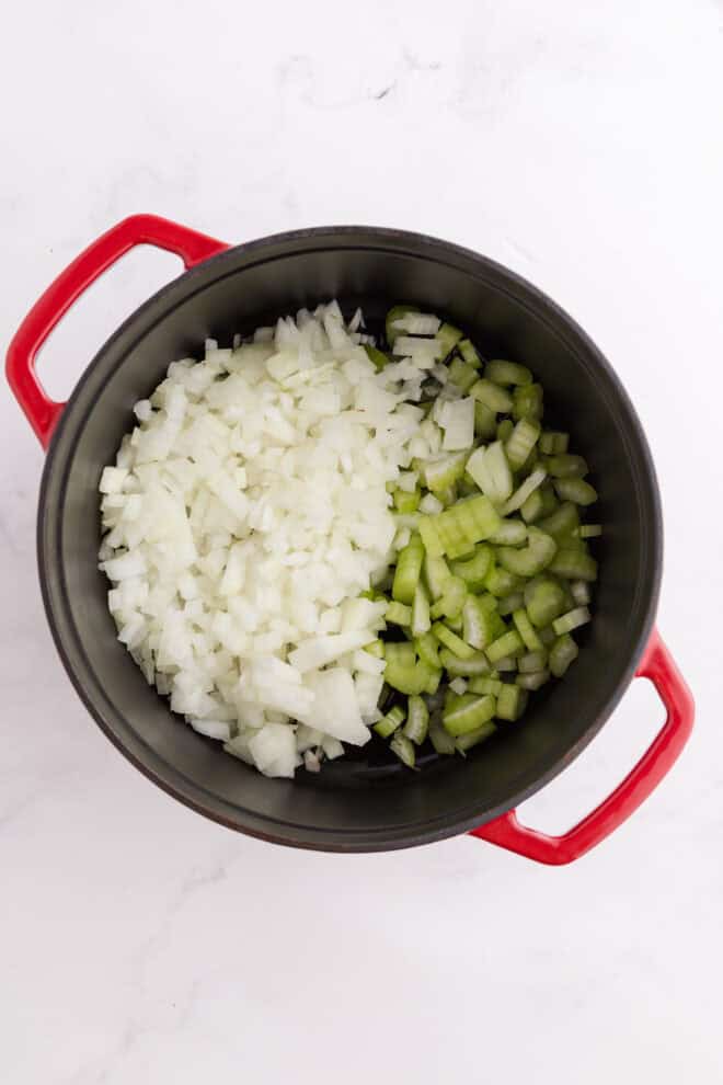chopped onions and celery in a stockpot before adding liquid.