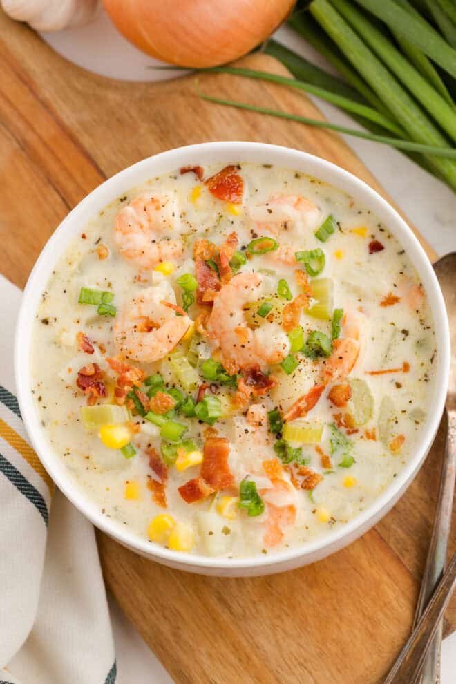 White bowl full of creamy Shrimp Chowder