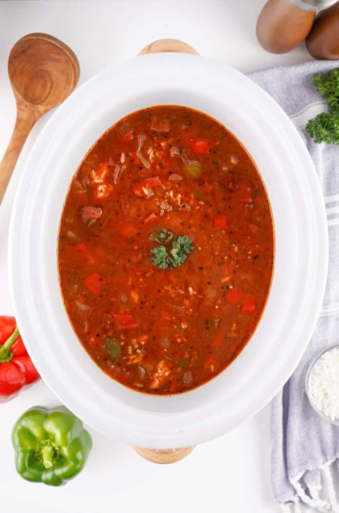 Stuffed Pepper Soup in a white slow cooker ready to serve